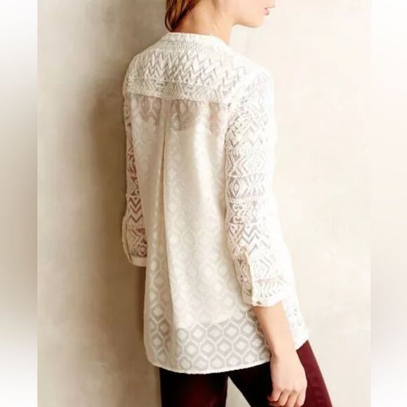 Anthropologie Embroidered Tulle Tunic By Vanessa Virginia, Ivory Top size 2 - Picture 2 of 15